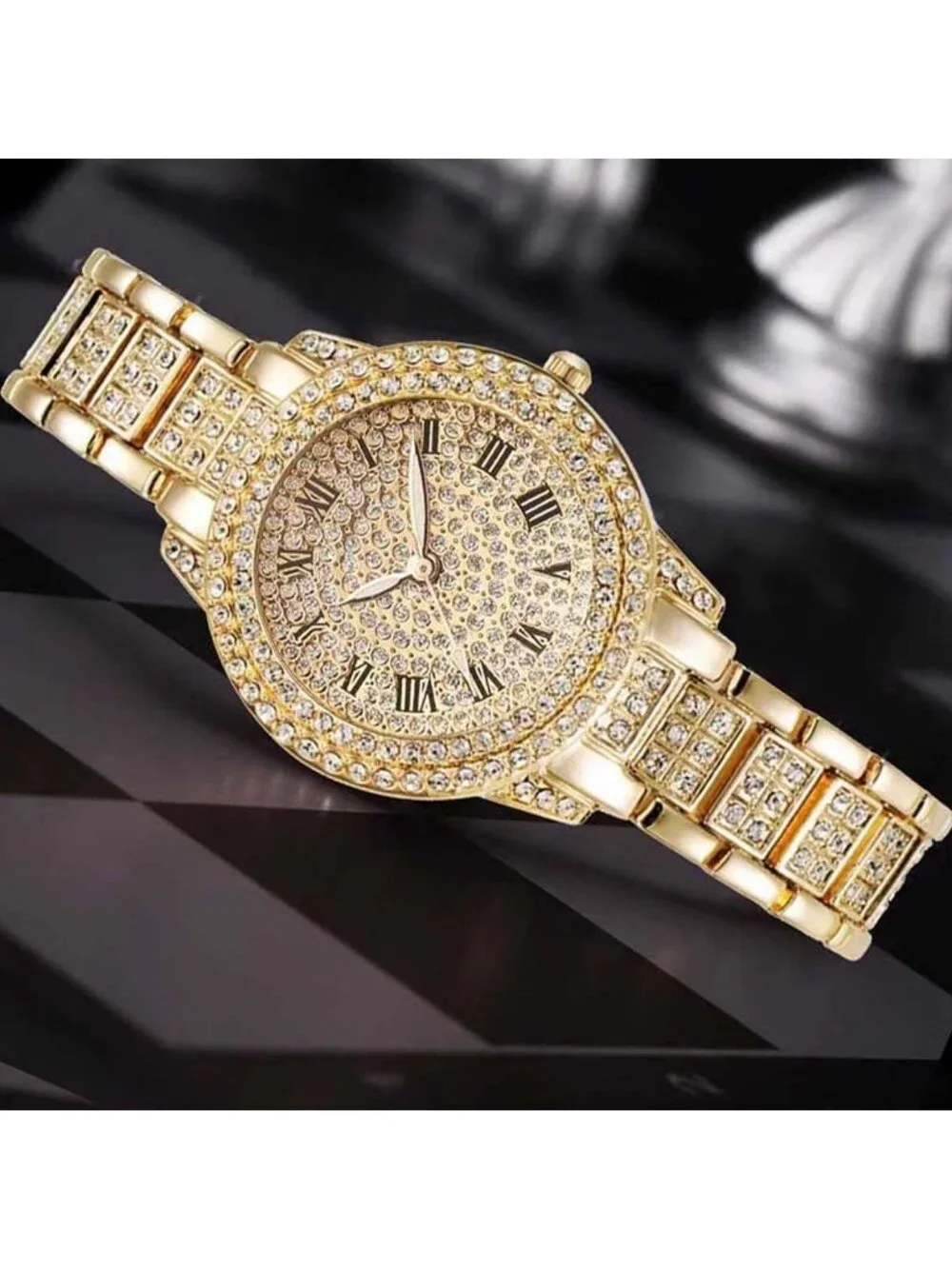 Women's Gold Luxury Full Diamond Bling Rhinestone Quartz Crystal Wrist Watches